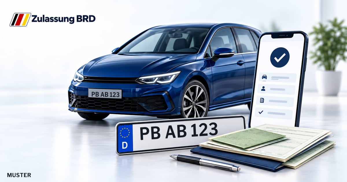 Online Fahrzeugzulassung in Delbrück: Musterkennzeichen PB AB 123, Auto und Fahrzeugpapiere und Smartphone. Illustration mit Logo von Zulassung BRD.